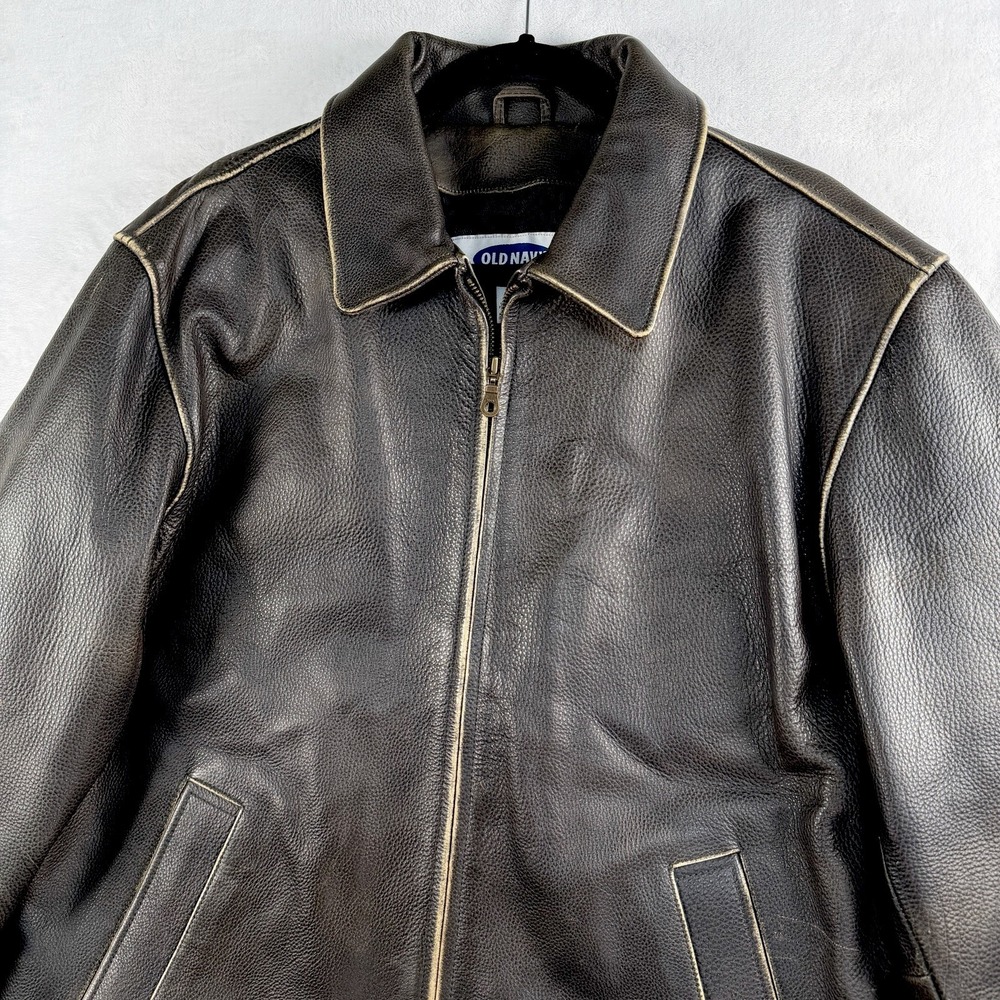 Old Navy Genuine Leather Jacket Men L Distressed Mud Moto Biker Boxy Rear Buckle